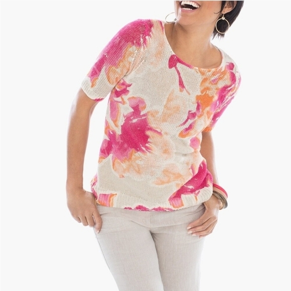 Chico's Tops - Chico’s Linen & Cotton Floral Pullover Sweater Small Pink Orange Apricot "Agnes"